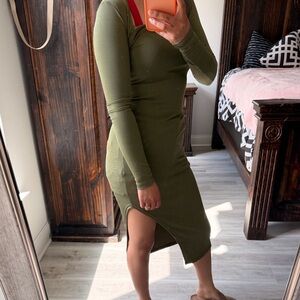 SHEIN Olive Green Long Sleeve Ribbed Midi Dress with Side Slit